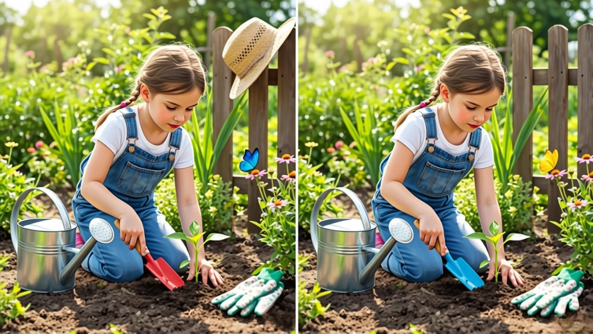 9-second visual challenge, spot the difference girl planting