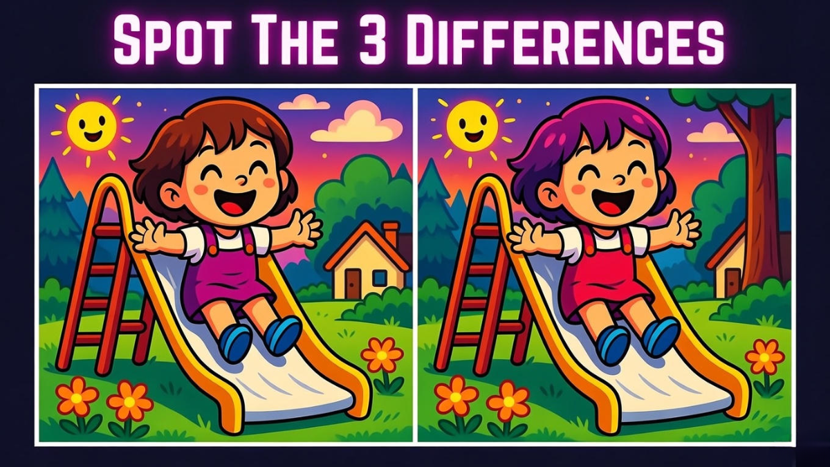 girl sliding observation challenge, find 3 differences images